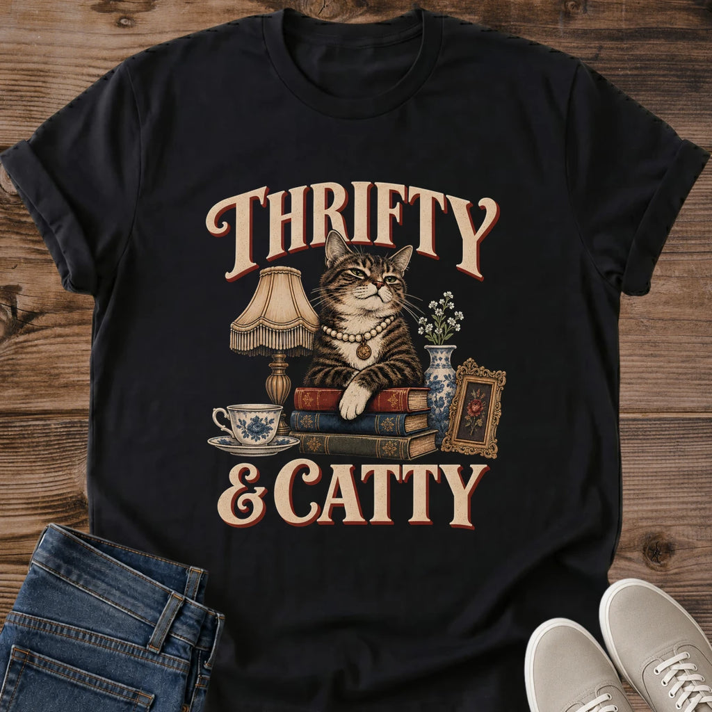Thrifty And Catty Shirt Black Funny Thrift Shopping Cat Tee Tabby Cat With Pearls Lamp Teacup And Books Graphic Vintage Thrifter Shirt Antique Lover Cat Tee Cat Mom Gift Secondhand Style Gildan 64000 Softstyle Unisex Cat Whisker Co