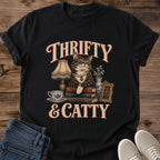 Thrifty And Catty Shirt Black Funny Thrift Shopping Cat Tee Tabby Cat With Pearls Lamp Teacup And Books Graphic Vintage Thrifter Shirt Antique Lover Cat Tee Cat Mom Gift Secondhand Style Gildan 64000 Softstyle Unisex Cat Whisker Co