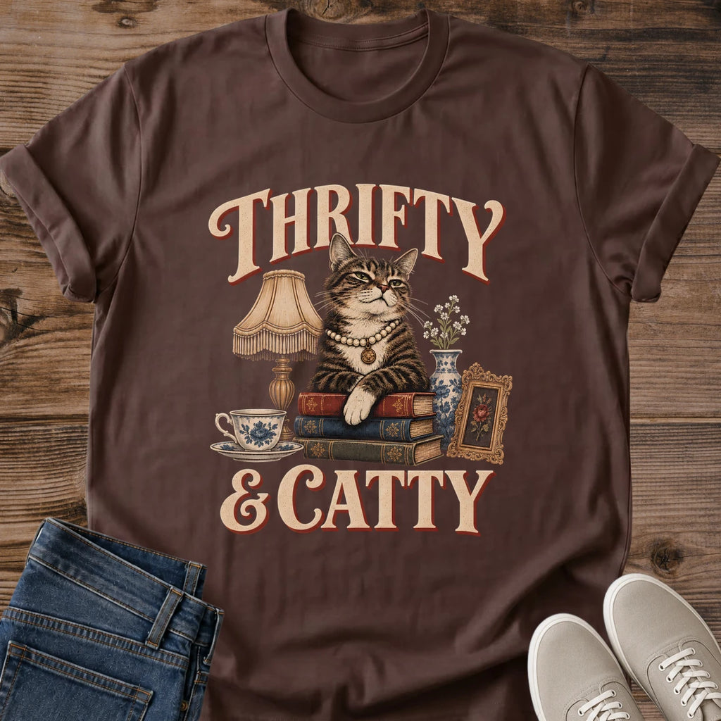 Thrifter Cat Shirt Thrifty And Catty Tee Fancy Cat Among Thrift Store Treasures Illustration Retro Western Style Lettering Vintage Shopping Shirt Cat Owner Gift For Her Cat Dad Tee Estate Sale Soft Cotton Unisex Shirt Cat Whisker Co