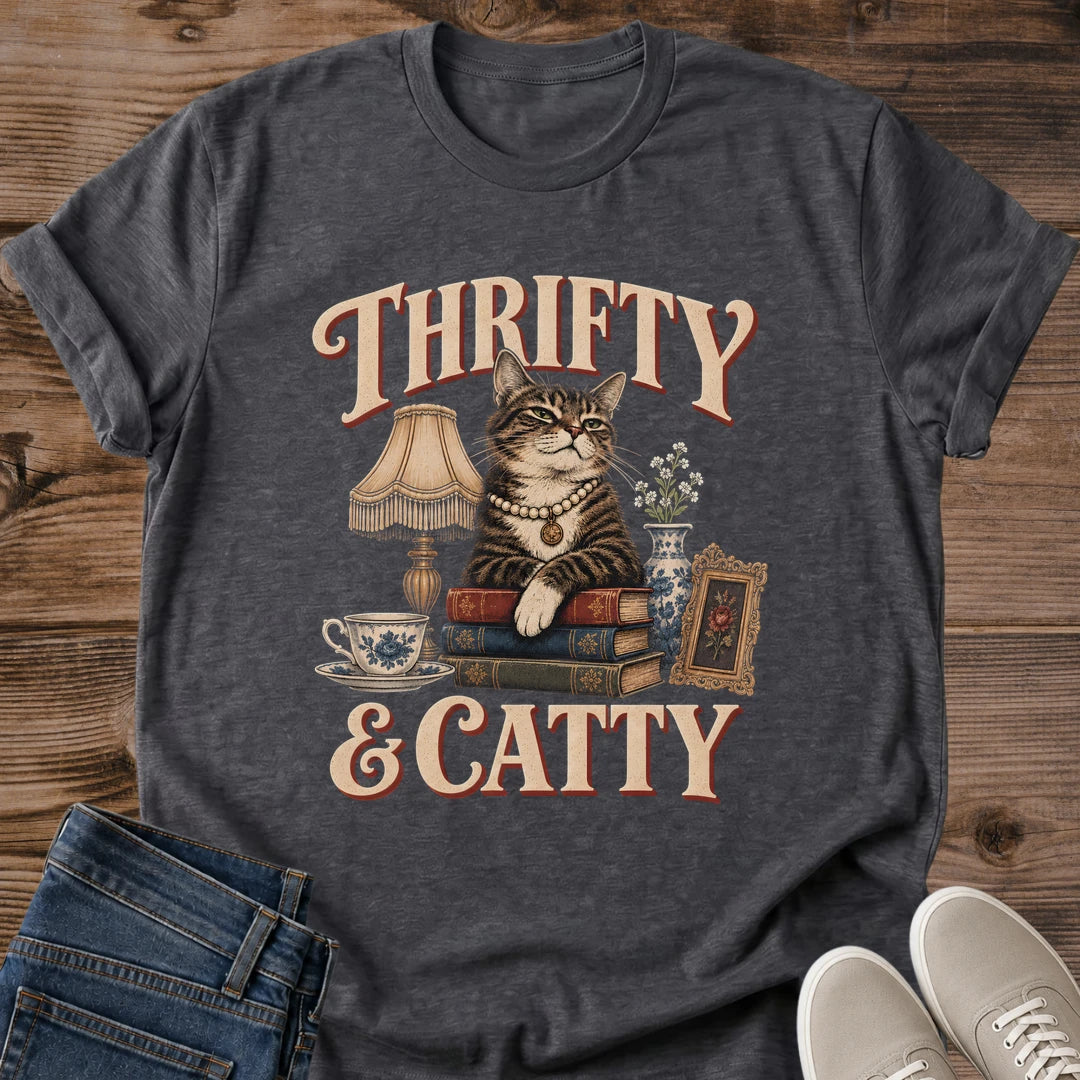Cat Lover Gift Thrifty And Catty Shirt Funny Thrifting Tee Vintage Sassy Cat Graphic Birthday Gift For Thrifter Christmas Gift For Cat Mom Antique Collector Gift Cat Person Tee Grandmacore Tee Gildan Softstyle Cotton Tee Cat Whisker Co