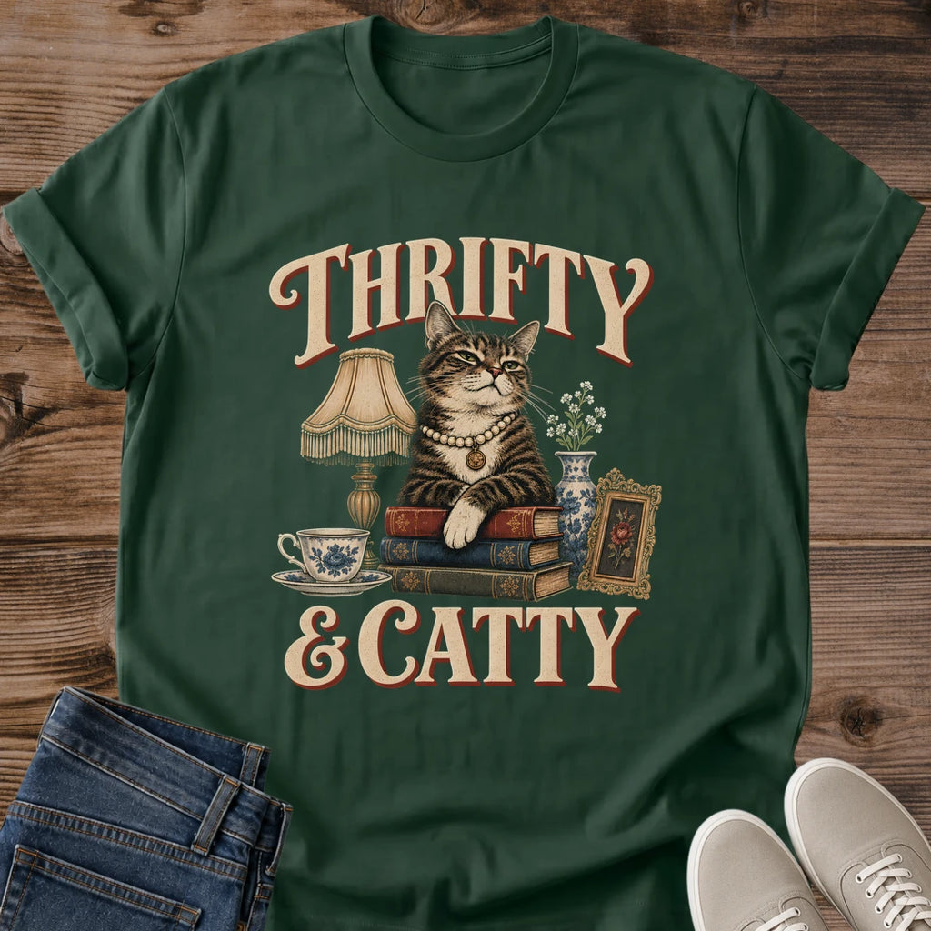 Sassy Cat Shirt Thrifty And Catty Cat Mom Tee Funny Thrifting Gift Retro Fancy Cat Design Cat Shirt For Women And Men Cat Dad Gift Holiday Gift For Cat Owner Vintage Finds Tee Thrift Haul Shirt Soft Cotton Unisex Tee Cat Whisker Co