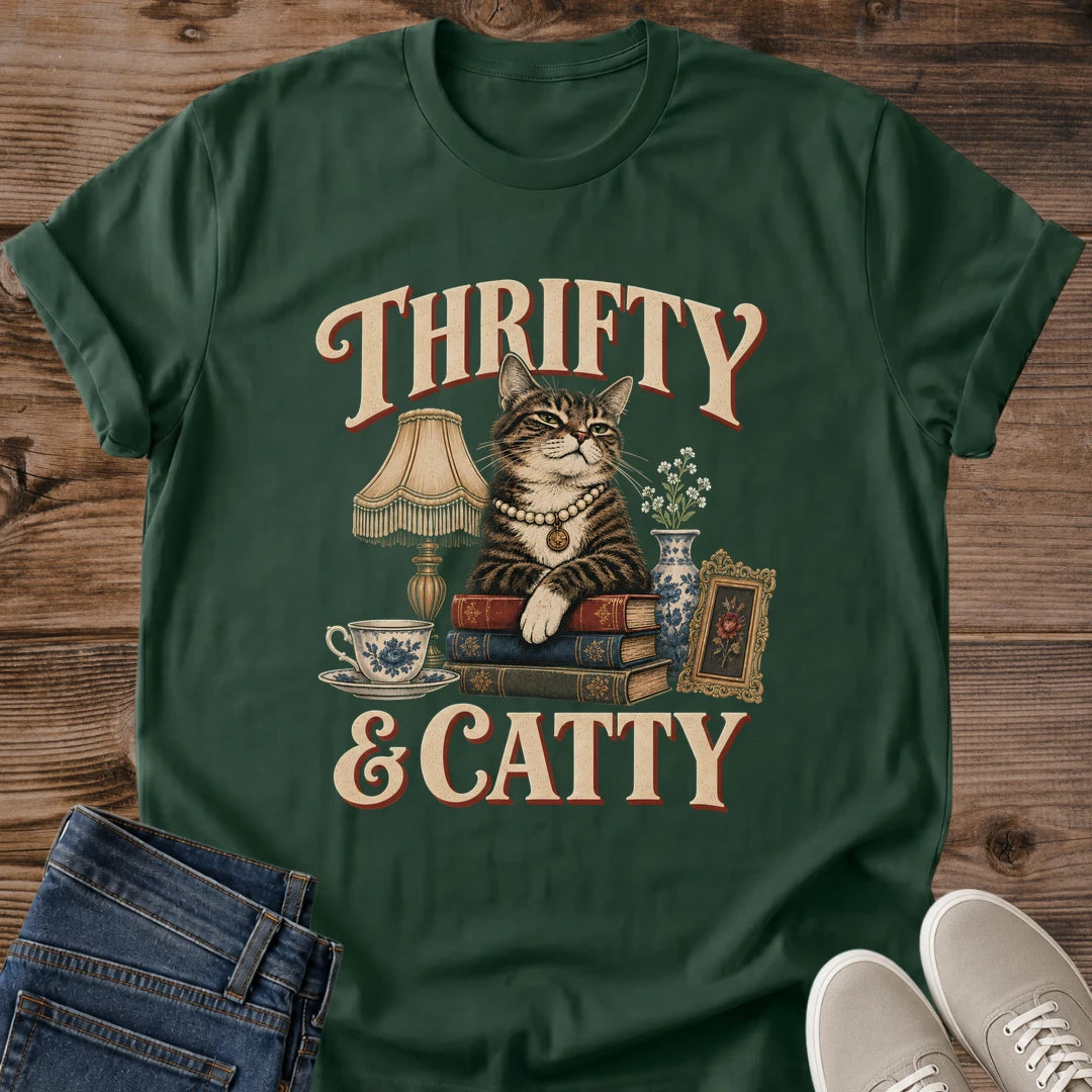 Sassy Cat Shirt Thrifty And Catty Cat Mom Tee Funny Thrifting Gift Retro Fancy Cat Design Cat Shirt For Women And Men Cat Dad Gift Holiday Gift For Cat Owner Vintage Finds Tee Thrift Haul Shirt Soft Cotton Unisex Tee Cat Whisker Co