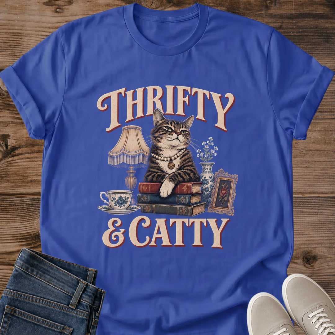Thrifter Cat Shirt Thrifty And Catty Tee Fancy Cat Among Thrift Store Treasures Illustration Retro Western Style Lettering Vintage Shopping Shirt Cat Owner Gift For Her Cat Dad Tee Estate Sale Soft Cotton Unisex Shirt Cat Whisker Co