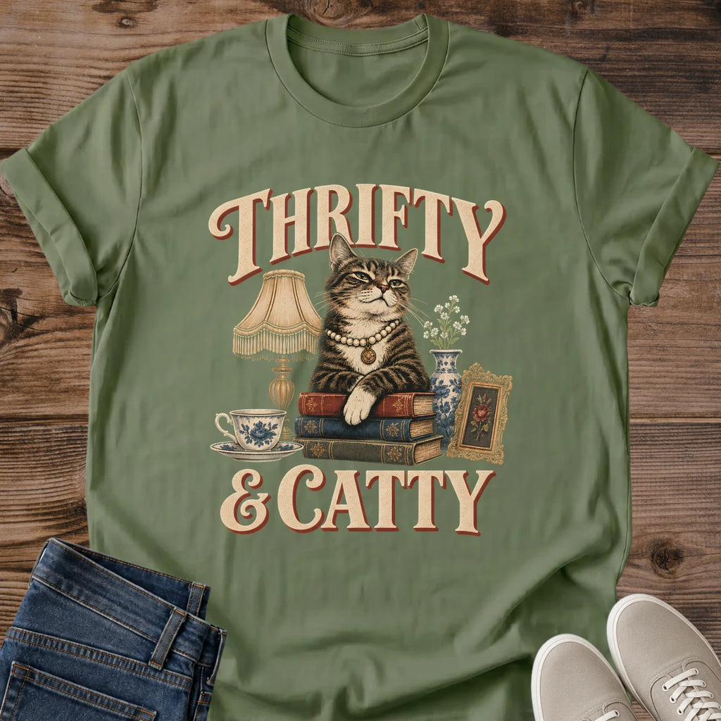 Cat Lover Gift Thrifty And Catty Shirt Funny Thrifting Tee Vintage Sassy Cat Graphic Birthday Gift For Thrifter Christmas Gift For Cat Mom Antique Collector Gift Cat Person Tee Grandmacore Tee Gildan Softstyle Cotton Tee Cat Whisker Co