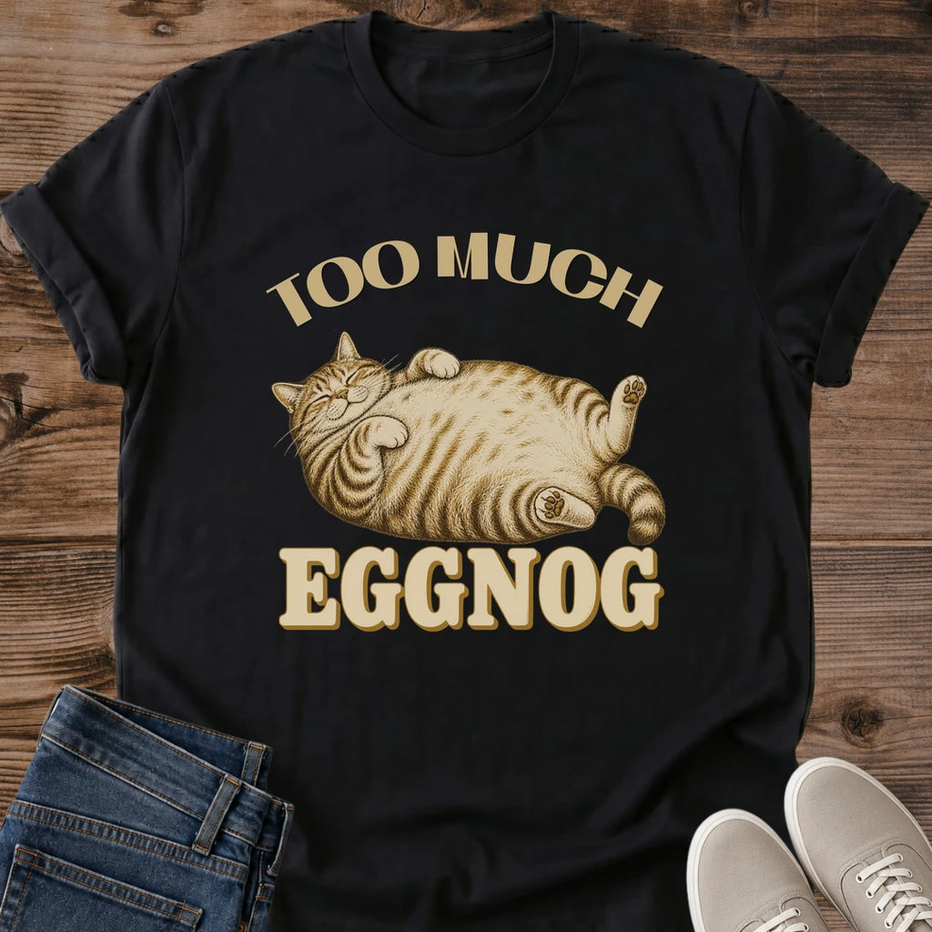 Black Too Much funny cat T-shirt featuring a lounging tabby cat graphic with vintage-inspired humor