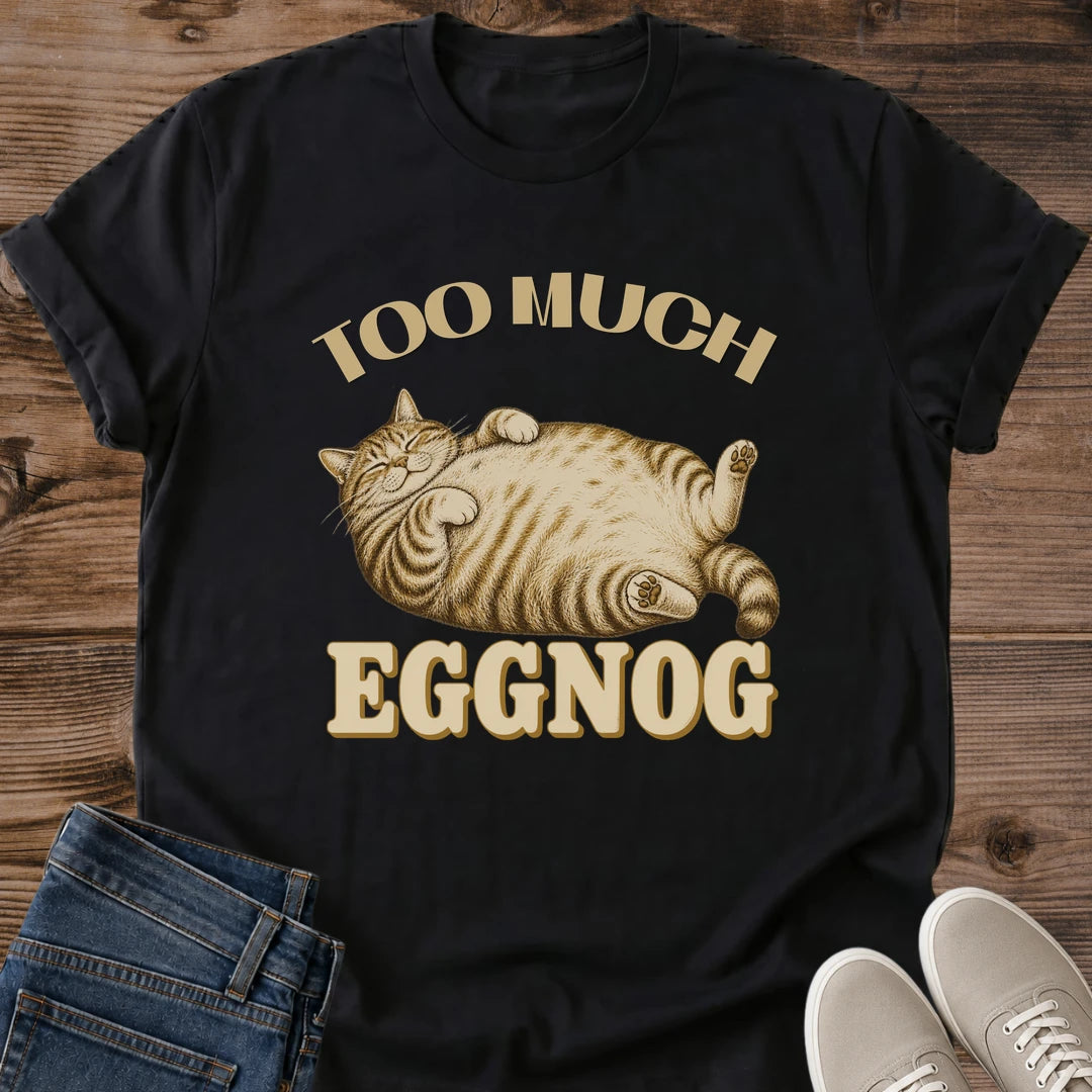 Black Too Much funny cat T-shirt featuring a lounging tabby cat graphic with vintage-inspired humor
