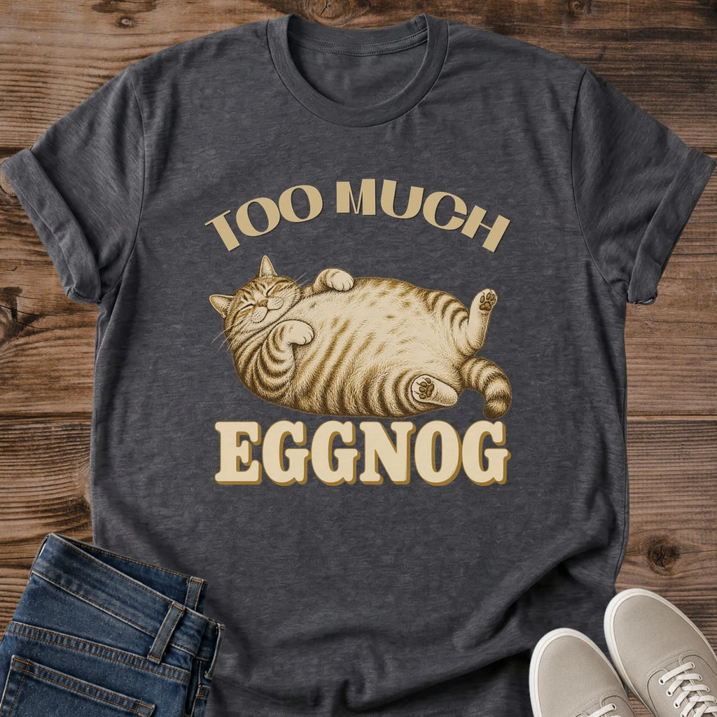 Dark heather Too Much funny cat T-shirt featuring a lounging tabby cat graphic with vintage-inspired humor
