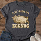 Dark heather Too Much funny cat T-shirt featuring a lounging tabby cat graphic with vintage-inspired humor