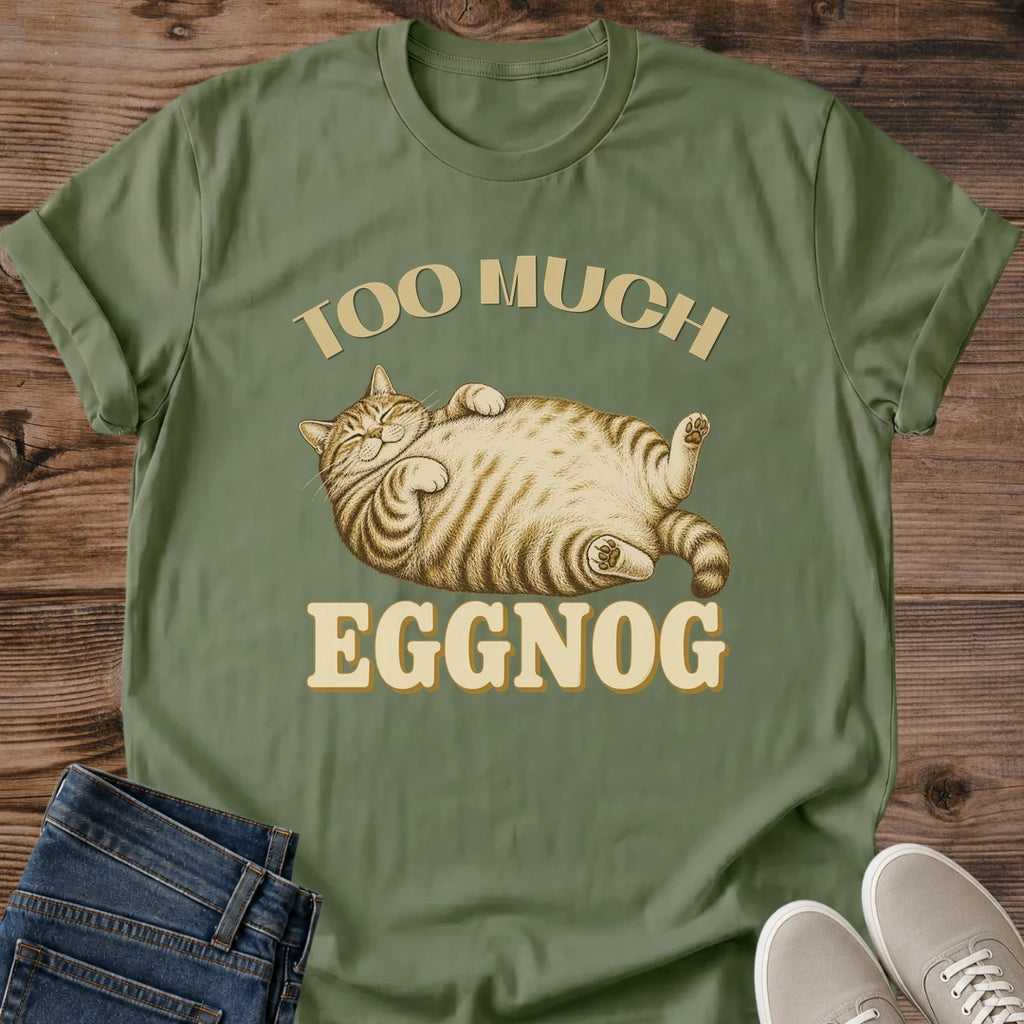 Military green Too Much funny cat T-shirt featuring a lounging tabby cat graphic with vintage-inspired humor