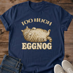 Navy Too Much funny cat T-shirt featuring a lounging tabby cat graphic with vintage-inspired humor