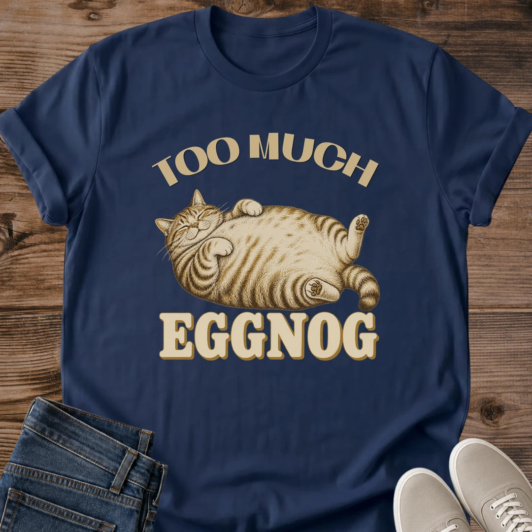 Navy Too Much funny cat T-shirt featuring a lounging tabby cat graphic with vintage-inspired humor