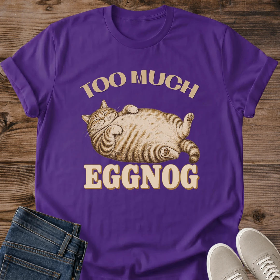 Purple Too Much funny cat T-shirt featuring a lounging tabby cat graphic with vintage-inspired humor
