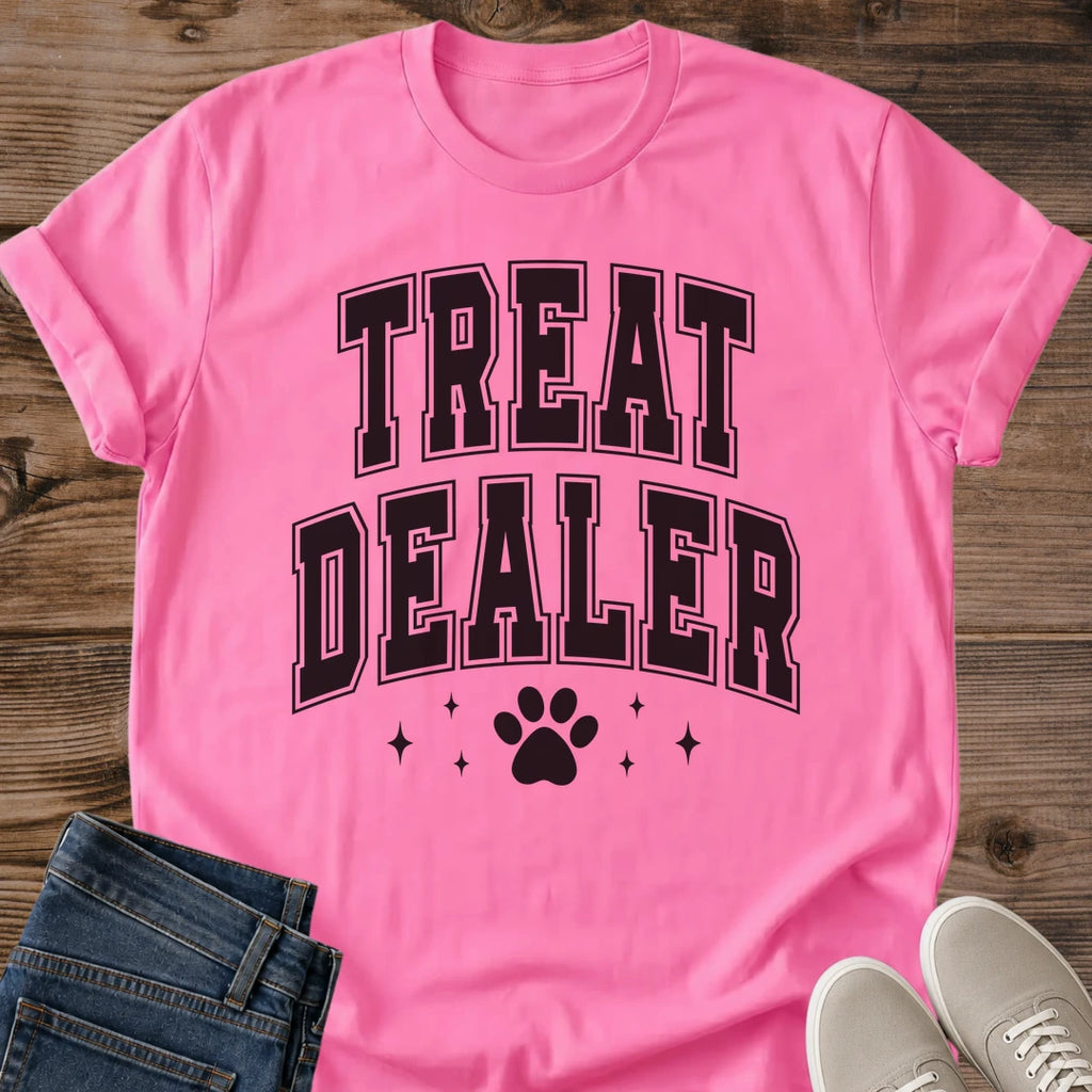 Collegiate Cat Shirt Treat Dealer Paw Print Graphic Tee Funny Gift Idea Ring Spun Cotton Soft Breathable Fabric Relaxed Unisex Fit Varsity Print Design Cat Person Apparel Casual Everyday Wear Statement Piece Great Gift