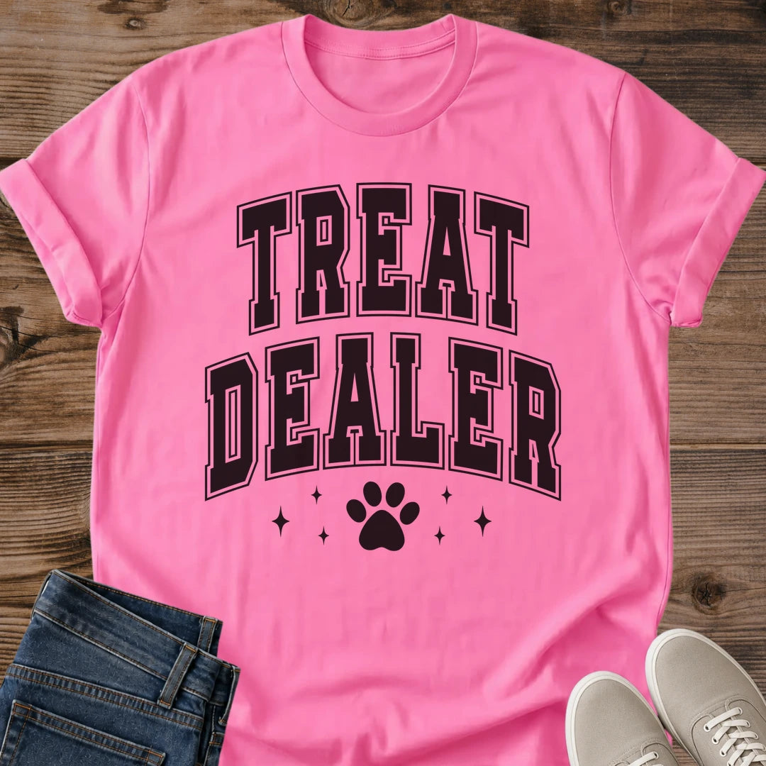 Collegiate Cat Shirt Treat Dealer Paw Print Graphic Tee Funny Gift Idea Ring Spun Cotton Soft Breathable Fabric Relaxed Unisex Fit Varsity Print Design Cat Person Apparel Casual Everyday Wear Statement Piece Great Gift