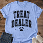 Treat Dealer Cat Shirt Funny Collegiate Paw Print Tee Cat Lover Gift Idea Softstyle Ring Spun Cotton Relaxed Fit Everyday Casual Wear Varsity Print Cat Owner Apparel Statement Piece Lightweight Layering For Home