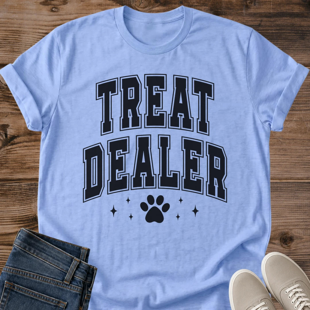 Treat Dealer Cat Shirt Funny Collegiate Paw Print Tee Cat Lover Gift Idea Softstyle Ring Spun Cotton Relaxed Fit Everyday Casual Wear Varsity Print Cat Owner Apparel Statement Piece Lightweight Layering For Home