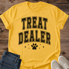 Collegiate Cat Shirt Treat Dealer Paw Print Graphic Tee Funny Gift Idea Ring Spun Cotton Soft Breathable Fabric Relaxed Unisex Fit Varsity Print Design Cat Person Apparel Casual Everyday Wear Statement Piece Great Gift