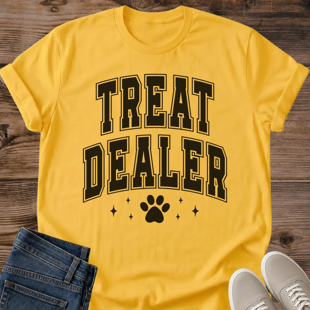 Collegiate Cat Shirt Treat Dealer Paw Print Graphic Tee Funny Gift Idea Ring Spun Cotton Soft Breathable Fabric Relaxed Unisex Fit Varsity Print Design Cat Person Apparel Casual Everyday Wear Statement Piece Great Gift