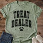 Vintage Cat Lover Tee Treat Dealer Collegiate Paw Print Design Cotton Cat Dad Gift Shirt Funny Aesthetic Softstyle Ring Spun Fabric Relaxed Retail Fit Casual Weekend Layering Statement Piece Everyday Wear For Home