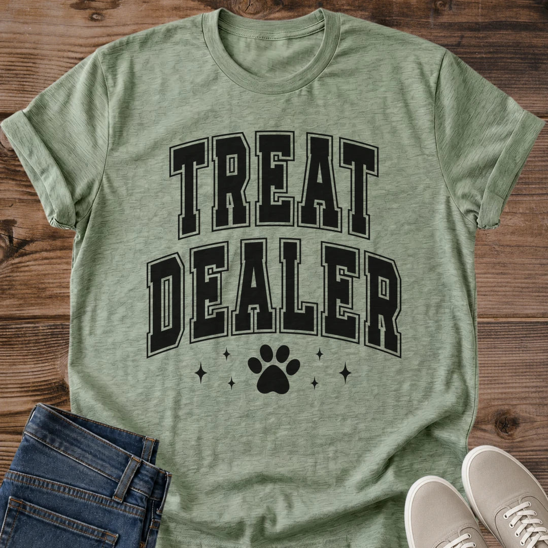 Vintage Cat Lover Tee Treat Dealer Collegiate Paw Print Design Cotton Cat Dad Gift Shirt Funny Aesthetic Softstyle Ring Spun Fabric Relaxed Retail Fit Casual Weekend Layering Statement Piece Everyday Wear For Home