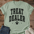 Treat Dealer Cat Shirt Funny Collegiate Paw Print Tee Cat Lover Gift Idea Softstyle Ring Spun Cotton Relaxed Fit Everyday Casual Wear Varsity Print Cat Owner Apparel Statement Piece Lightweight Layering For Home