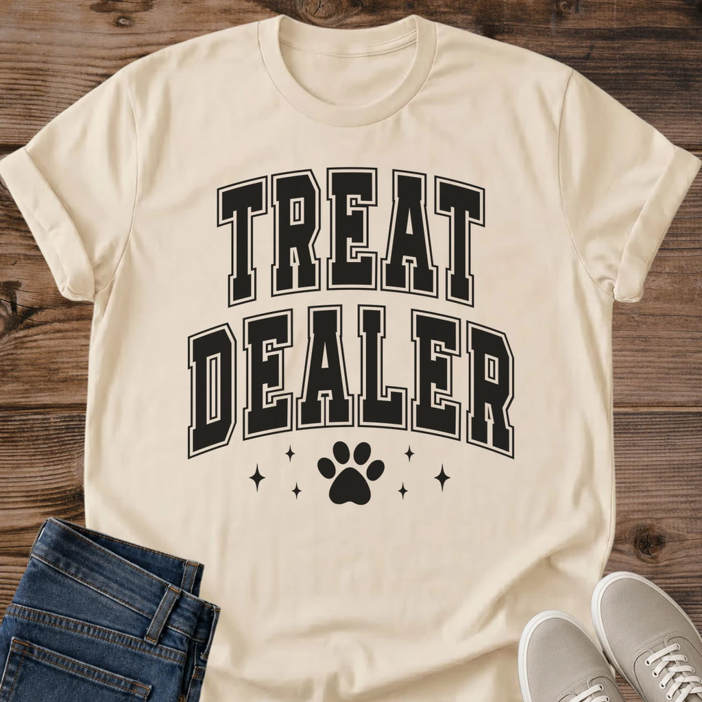Funny Cat Tee Treat Dealer Collegiate Block Letter Design Cat Lover Gift For Her Softstyle Cotton Comfortable Relaxed Fit Casual Weekend Wear Varsity Print Cat Mom Statement Apparel Everyday Layering Piece For Fun