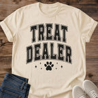 Funny Cat Tee Treat Dealer Collegiate Block Letter Design Cat Lover Gift For Her Softstyle Cotton Comfortable Relaxed Fit Casual Weekend Wear Varsity Print Cat Mom Statement Apparel Everyday Layering Piece For Fun