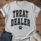 Funny Cat Graphic Tee Treat Dealer Collegiate Paw Print Vintage Aesthetic Cat Owner Shirt Gift For Cat Lovers Softstyle Cotton Comfortable Relaxed Fit Statement Piece Everyday Casual Wear Apparel Gift Idea For All