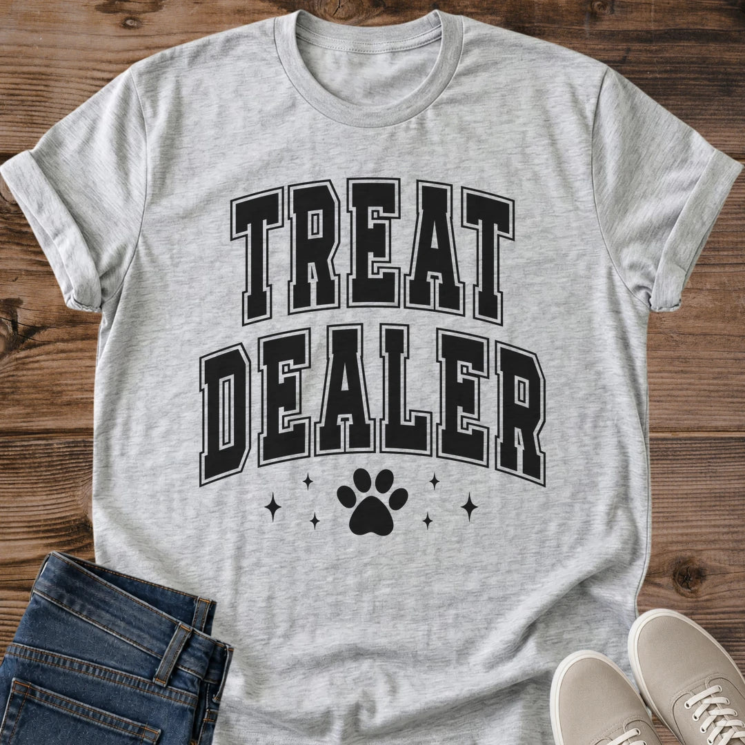 Funny Cat Graphic Tee Treat Dealer Collegiate Paw Print Vintage Aesthetic Cat Owner Shirt Gift For Cat Lovers Softstyle Cotton Comfortable Relaxed Fit Statement Piece Everyday Casual Wear Apparel Gift Idea For All