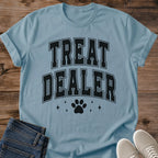 Funny Cat Tee Treat Dealer Collegiate Block Letter Design Cat Lover Gift For Her Softstyle Cotton Comfortable Relaxed Fit Casual Weekend Wear Varsity Print Cat Mom Statement Apparel Everyday Layering Piece For Fun