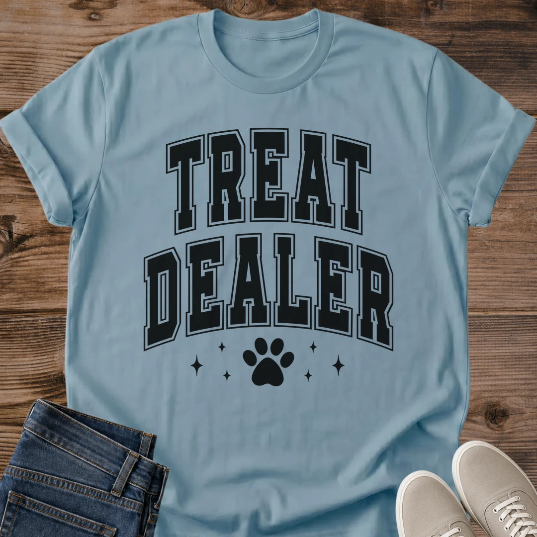 Funny Cat Tee Treat Dealer Collegiate Block Letter Design Cat Lover Gift For Her Softstyle Cotton Comfortable Relaxed Fit Casual Weekend Wear Varsity Print Cat Mom Statement Apparel Everyday Layering Piece For Fun