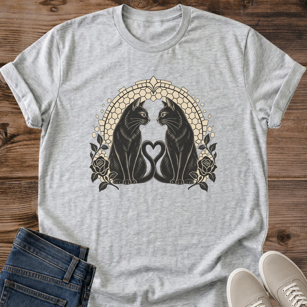 Black Cat Couple Shirt Twin Souls Tee Two Cats Forming Heart With Tails Illustration Ornate Art Deco Arch With Roses Bonded Pair Cat Shirt Cat Owner Gift For Her Cat Dad Tee Black Cat Mom Gift Soft Cotton Unisex Shirt Cat Whisker Co