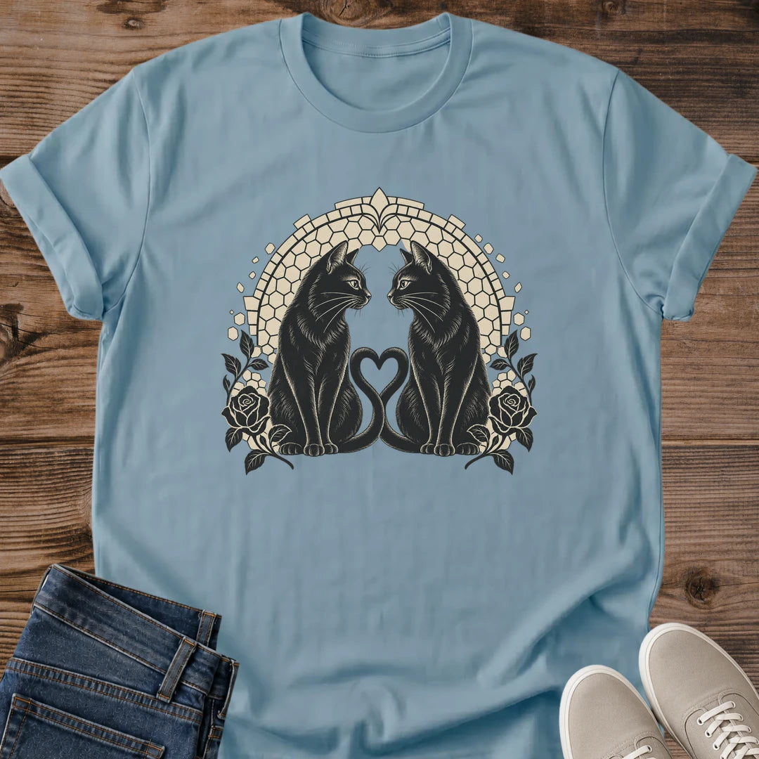 Black Cat Shirt Twin Souls Art Deco Tee Two Black Cats Silhouette Heart Design Gold Lattice Arch And Roses Graphic Witchy Cat Shirt Cat Owner Tee Gift For Cat Lovers Dark Romantic Tee Unisex Ringspun Cotton Shirt Cat Whisker Co