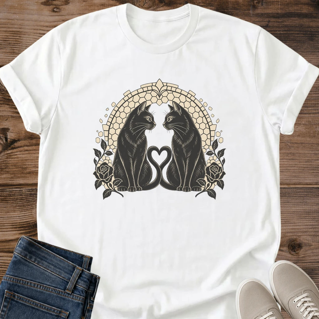 Twin Souls Black Cat Shirt White Two Black Cats Heart Tails Tee Art Deco Cat Graphic Gothic Romance Cat Shirt Vintage Rose Arch Design Cat Couple Gift Black Cat Lover Tee Cat Mom Gift Gildan 64000 Softstyle Unisex Cat Whisker Co
