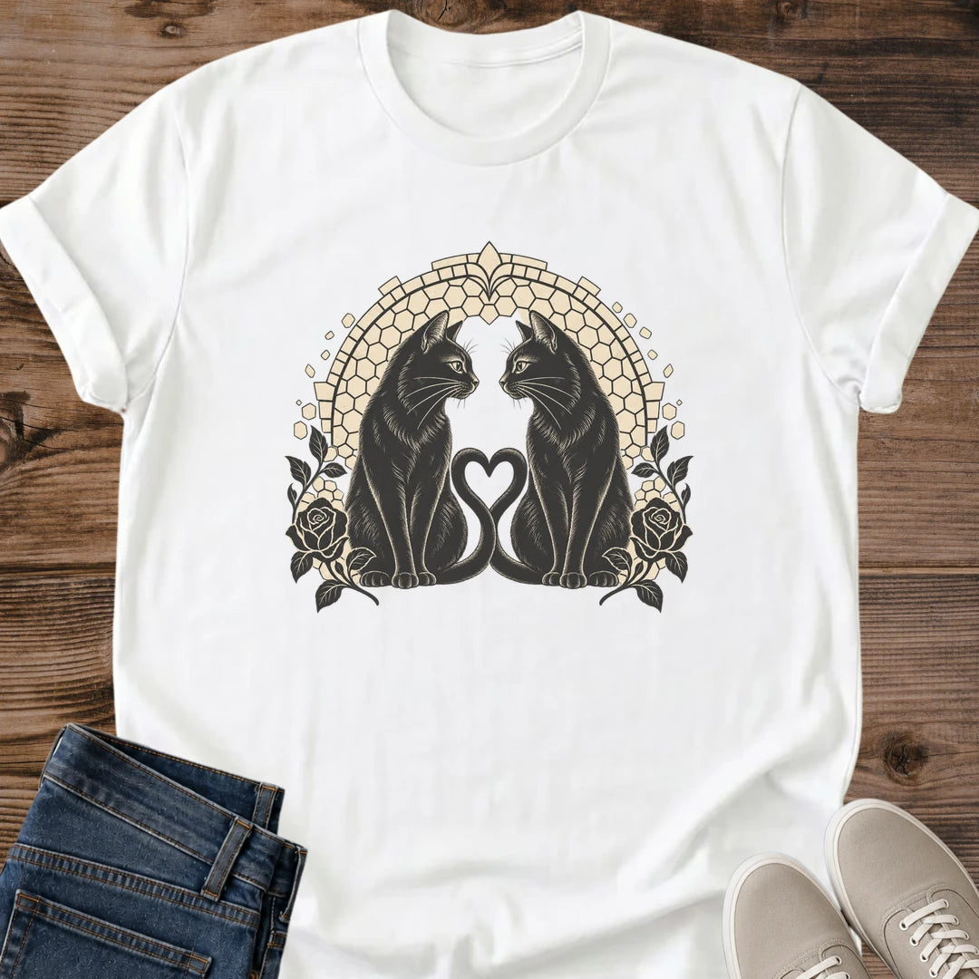 Twin Souls Black Cat Shirt White Two Black Cats Heart Tails Tee Art Deco Cat Graphic Gothic Romance Cat Shirt Vintage Rose Arch Design Cat Couple Gift Black Cat Lover Tee Cat Mom Gift Gildan 64000 Softstyle Unisex Cat Whisker Co
