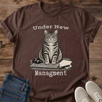 Under New Management T Shirt With Hand Drawn Office Cat On Computer Keyboard Vintage Style Cat Humor Tee Funny Gift For Coworker Secret Santa Cat Lover Gift Sarcastic Cat Shirt Cat Whisker Co