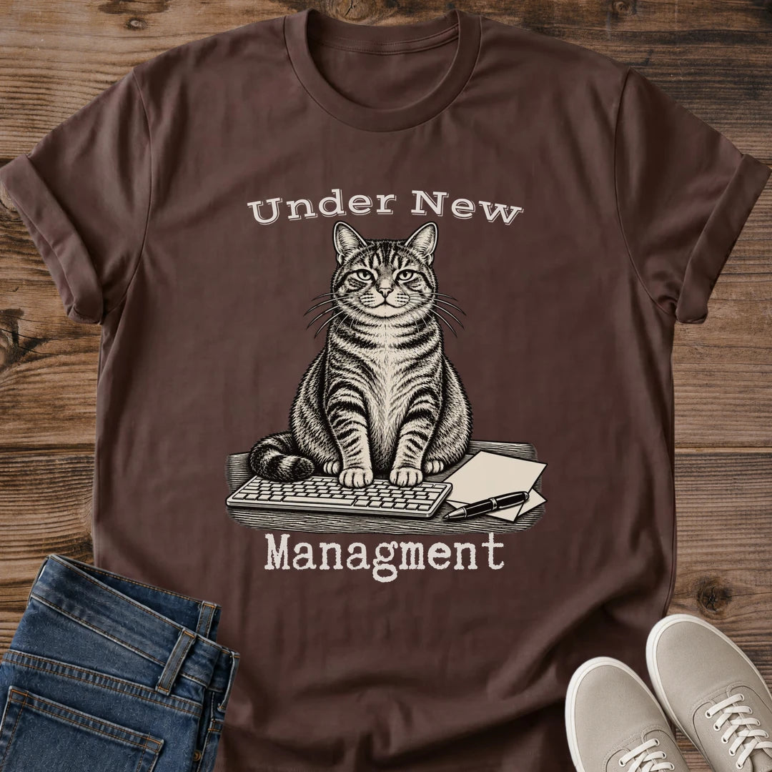 Under New Management T Shirt With Hand Drawn Office Cat On Computer Keyboard Vintage Style Cat Humor Tee Funny Gift For Coworker Secret Santa Cat Lover Gift Sarcastic Cat Shirt Cat Whisker Co