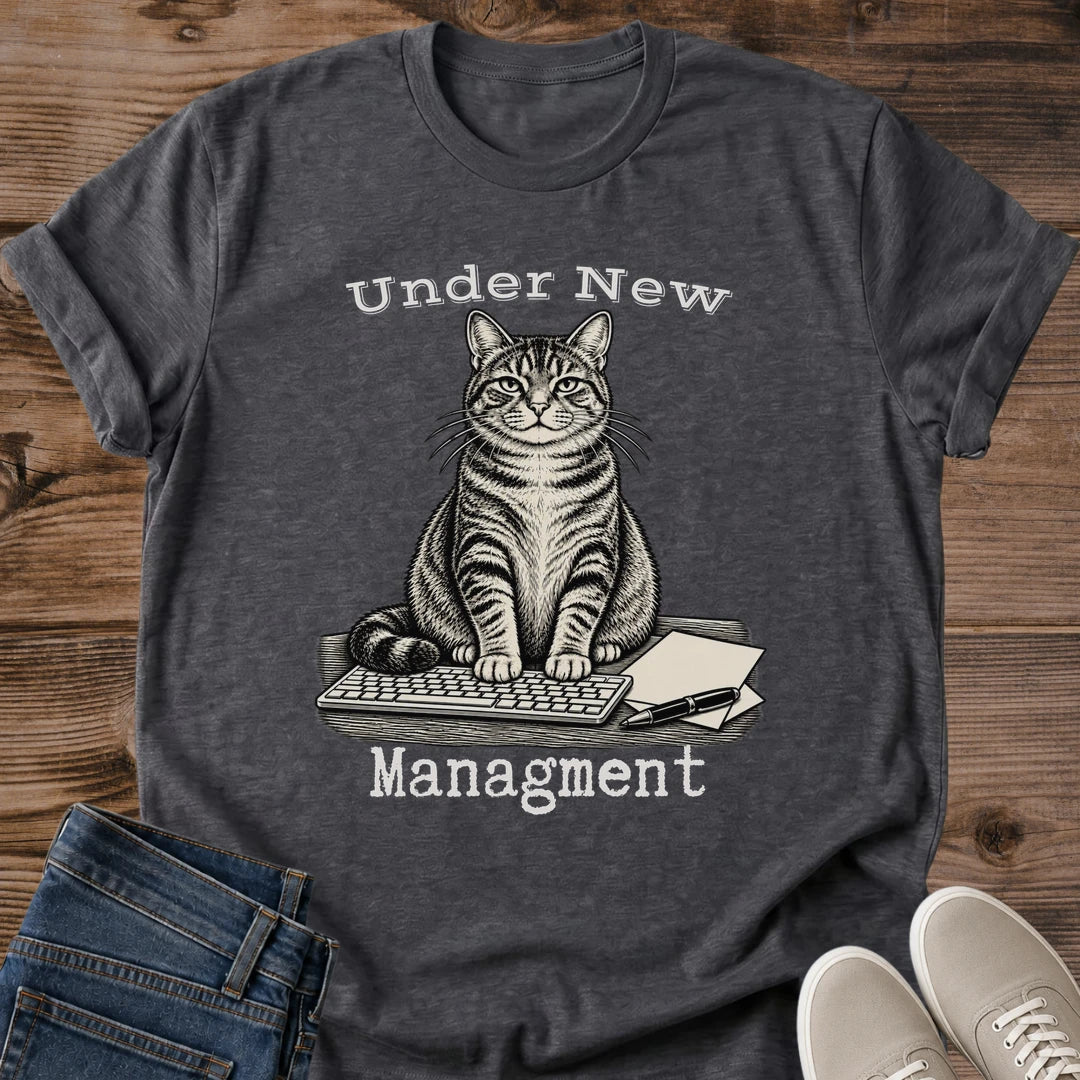 Cat Boss Shirt With Serious Tabby Cat Seated On Keyboard Under New Management Typewriter Text Funny Work From Home Cat Tee For Remote Workers Cat Owners And Home Office Life Cat Whisker Co