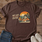 Not Lazy, Just Energy Saving Mode Cat T-Shirt | Funny Sarcastic Cat Graphic Tee | Retro Beach Cat Lover Gift