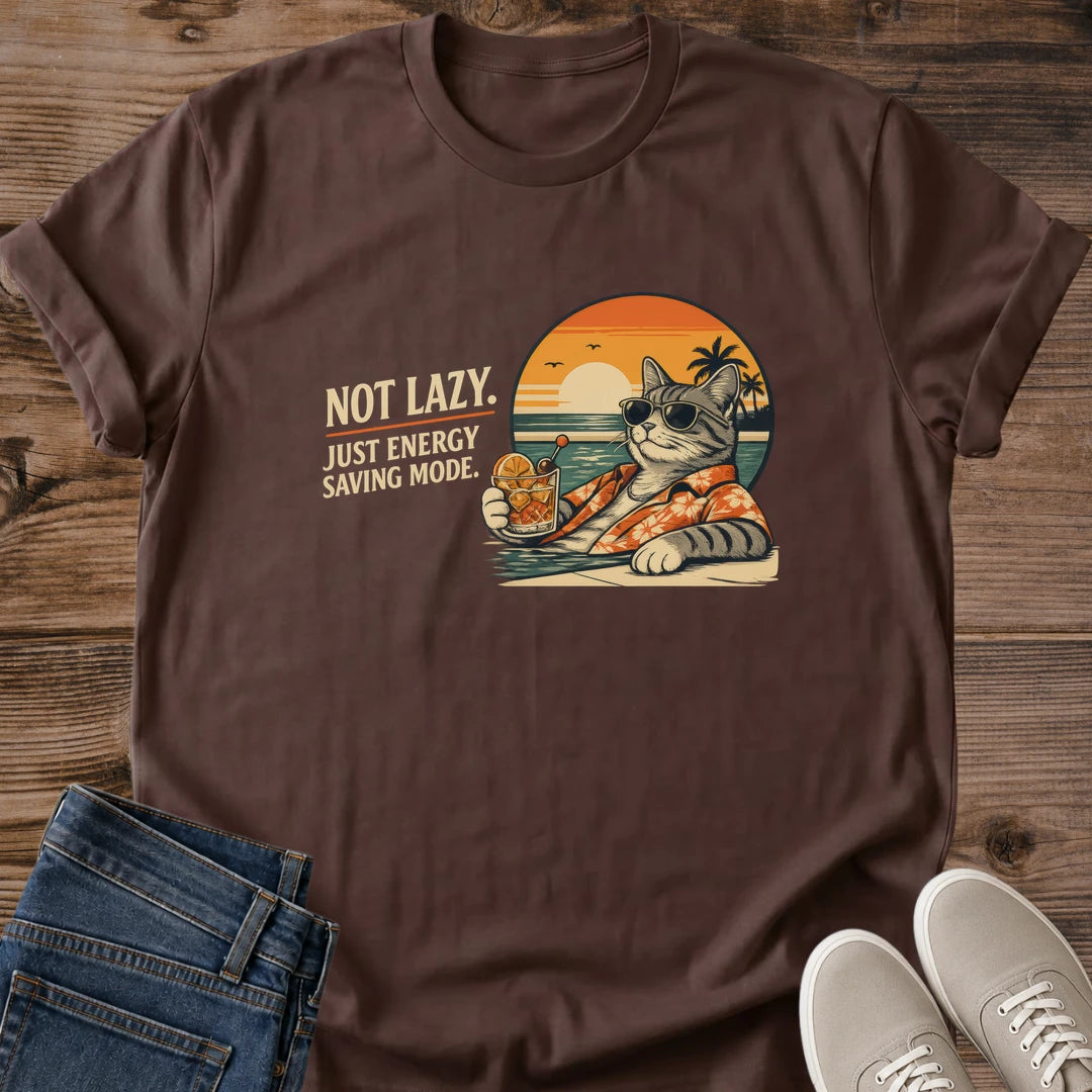 Not Lazy, Just Energy Saving Mode Cat T-Shirt | Funny Sarcastic Cat Graphic Tee | Retro Beach Cat Lover Gift