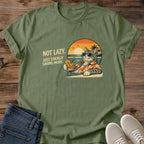 Not Lazy, Just Energy Saving Mode Cat T-Shirt | Funny Sarcastic Cat Graphic Tee | Retro Beach Cat Lover Gift