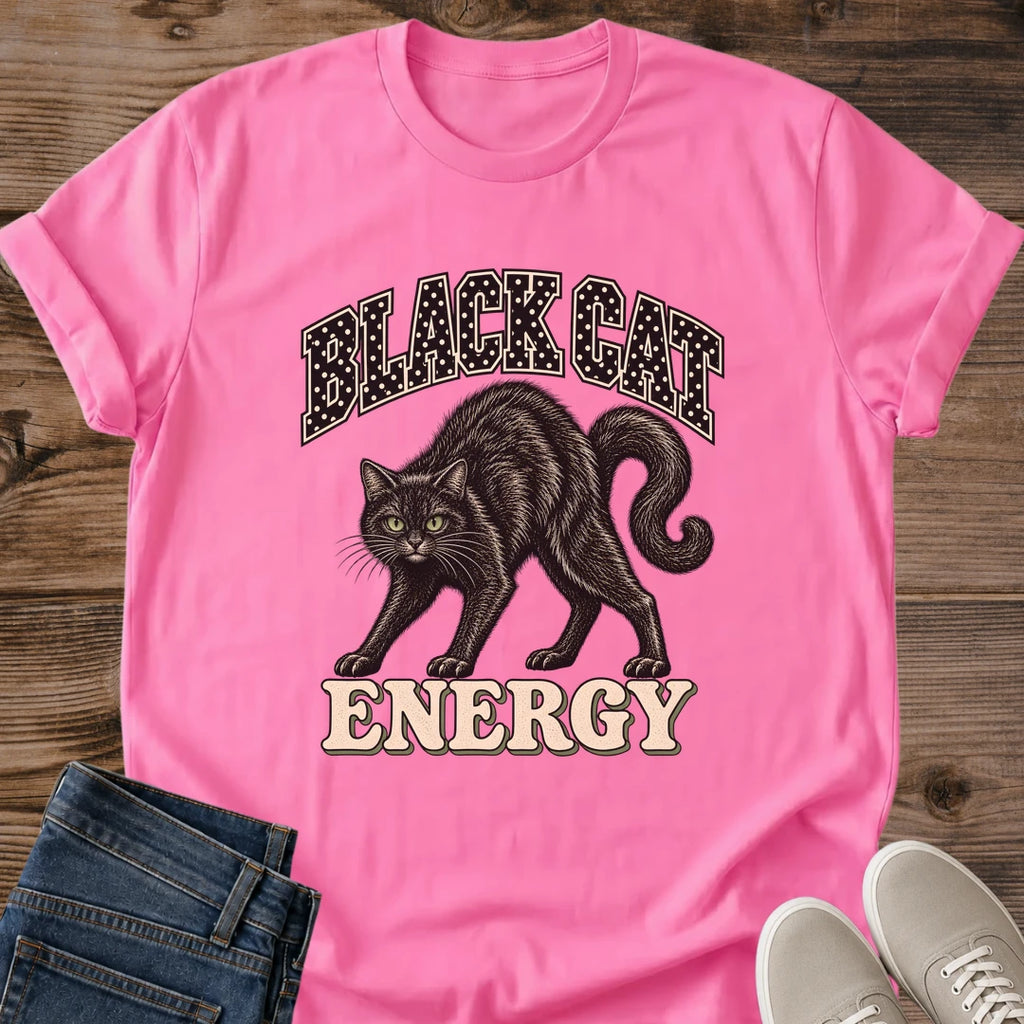 Azalea pink Vintage Black Cat T-shirt with bold black feline graphic in a nostalgic retro style