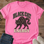 Azalea pink Vintage Black Cat T-shirt with bold black feline graphic in a nostalgic retro style