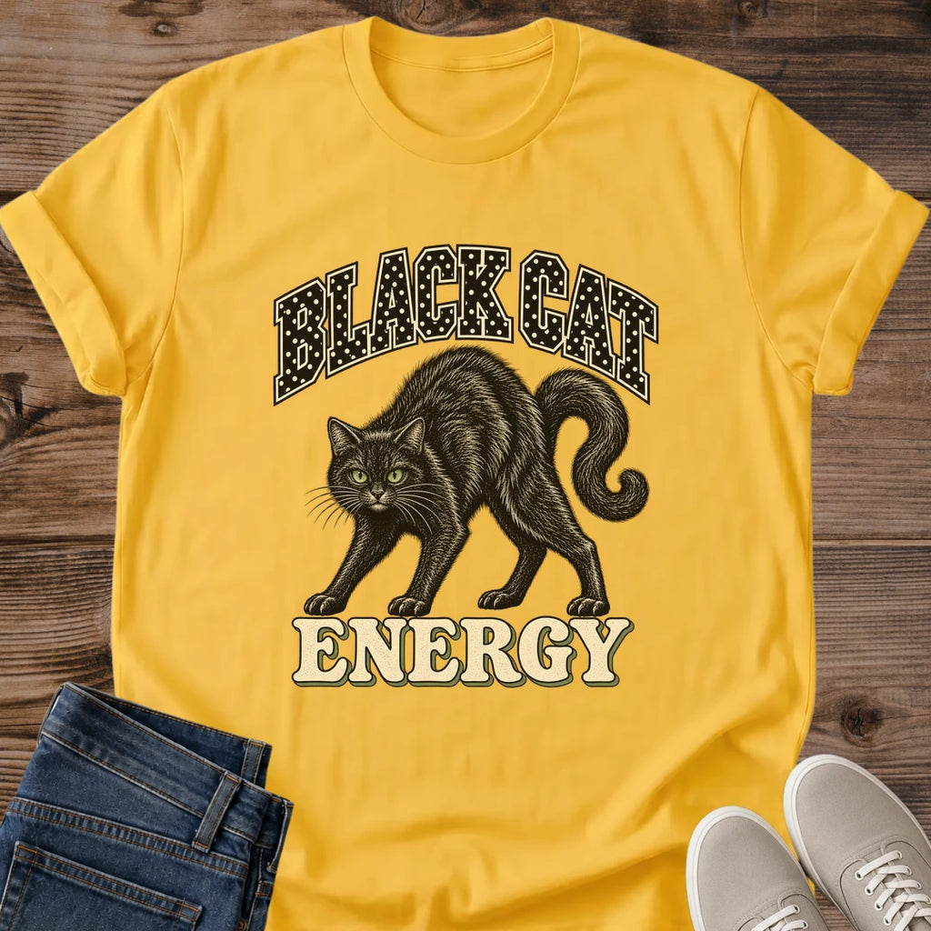 Daisy yellow Vintage Black Cat shirt with retro black cat illustration and classic cat-lover styling