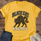 Daisy yellow Vintage Black Cat shirt with retro black cat illustration and classic cat-lover styling