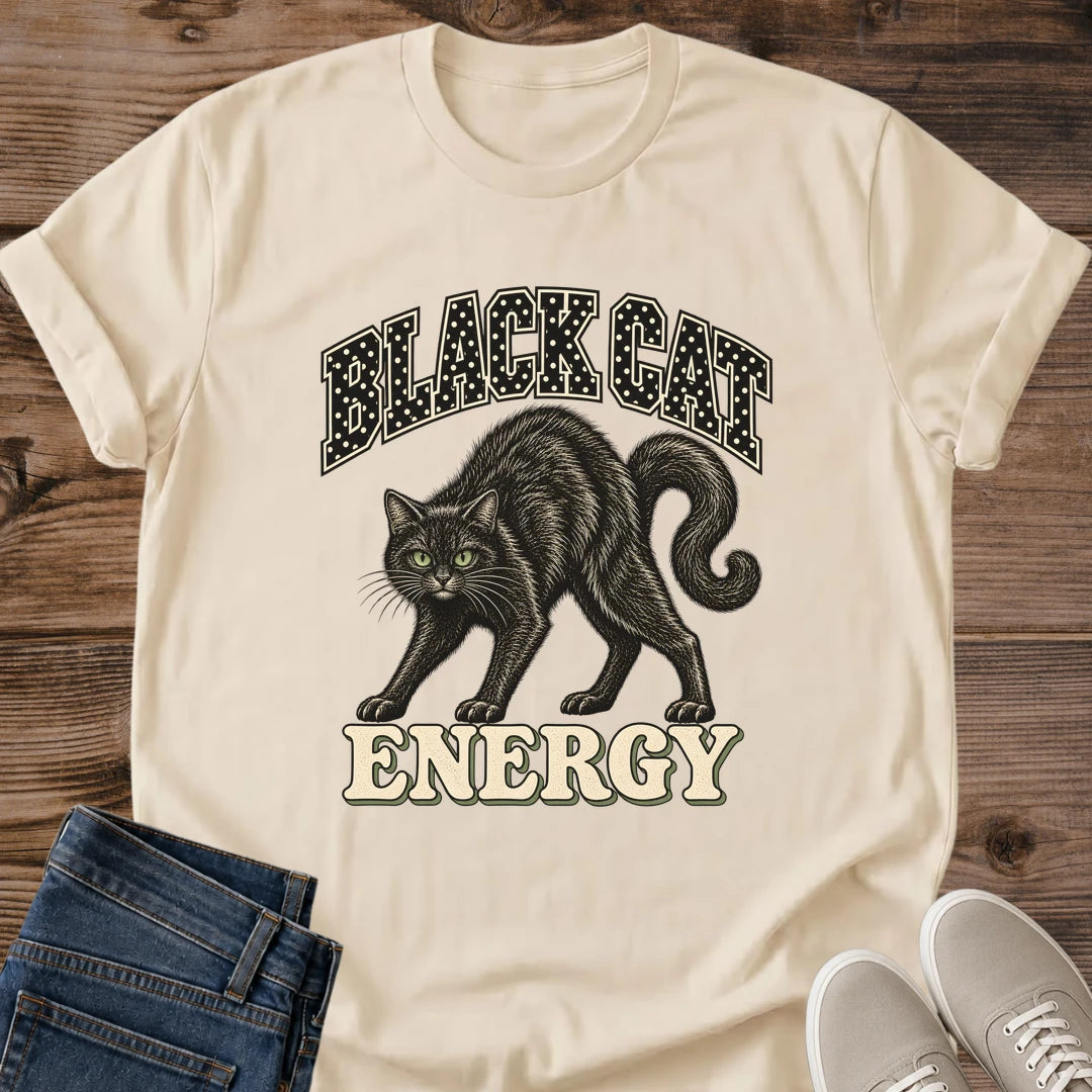 Sand Vintage Black Cat graphic tee featuring a vintage-inspired black cat illustration