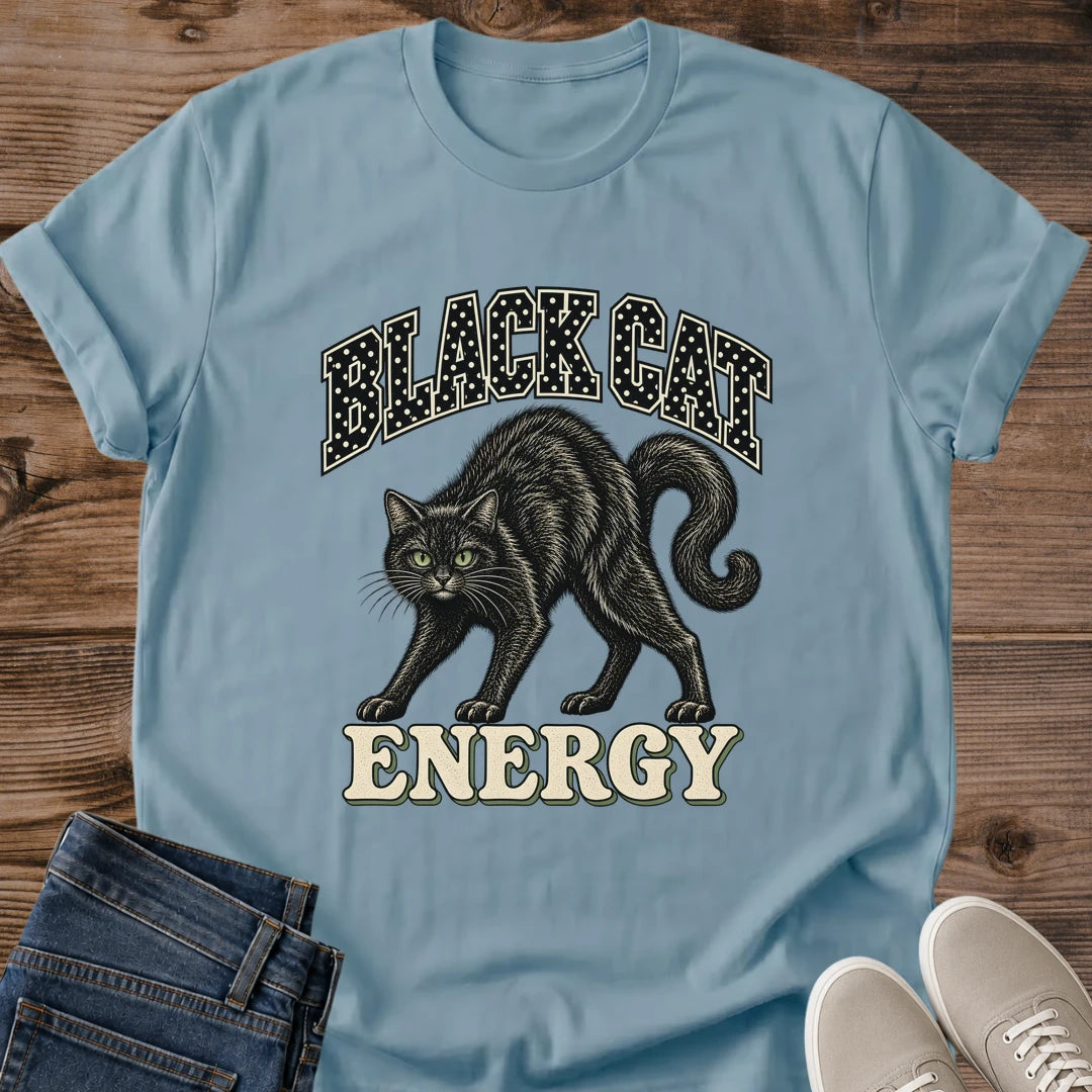 Stone blue Vintage Black Cat T-shirt with mysterious black feline artwork and retro cat-lover design