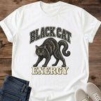 White Vintage Black Cat graphic T-shirt featuring a mysterious black feline in vintage-inspired artwork