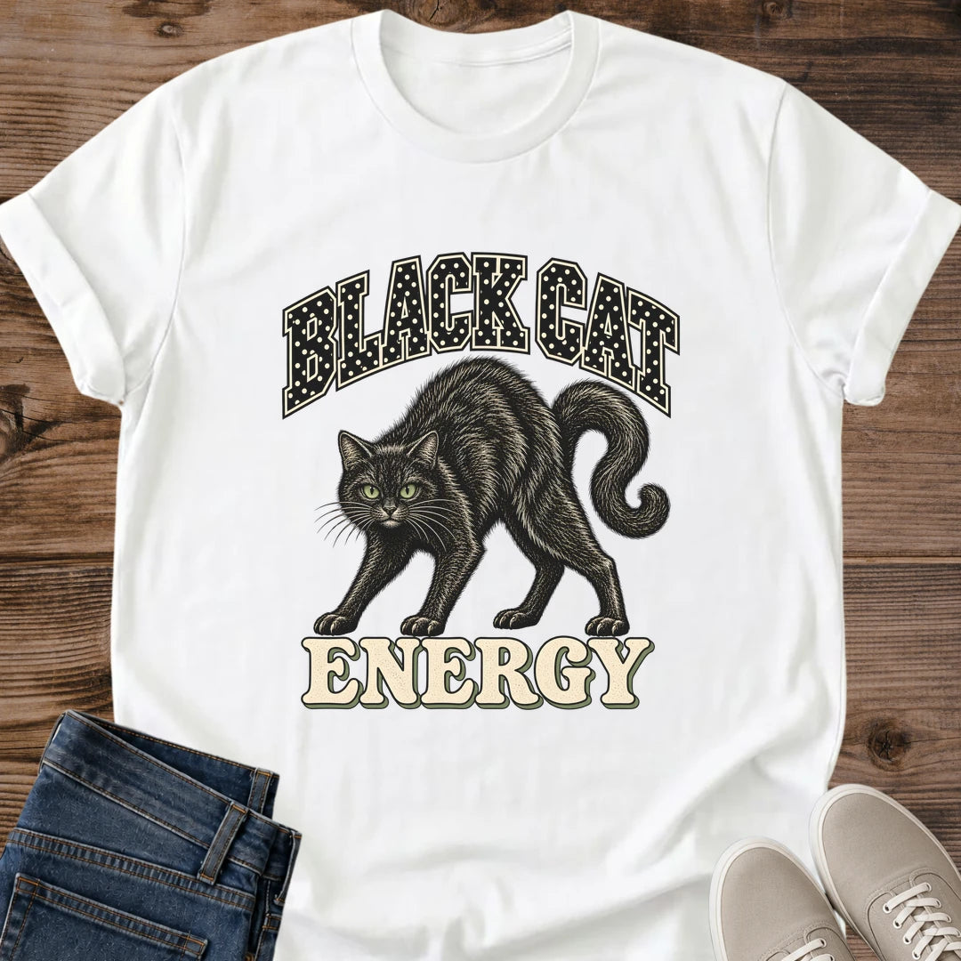White Vintage Black Cat graphic T-shirt featuring a mysterious black feline in vintage-inspired artwork