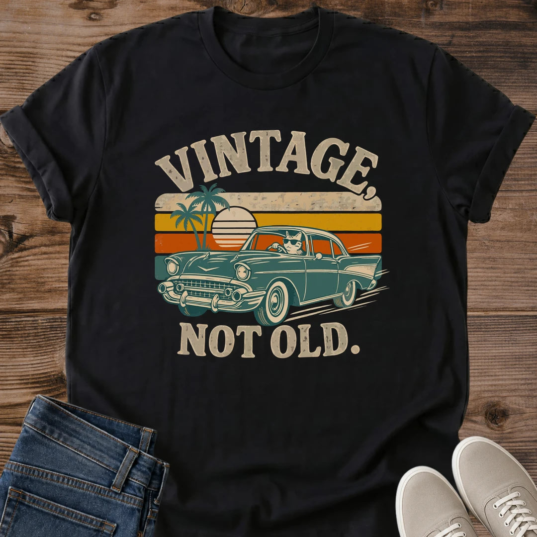 Cotton Crew Neck Tee Vintage Car Graphic Design Retro Sunset Pattern Classic Automobile Shirt Comfortable Casual Everyday Wear Nostalgic Fashion Piece Car Enthusiast Gift Essential Palm Tree Striped Design Relaxed Fit Apparel Weekend Outfit